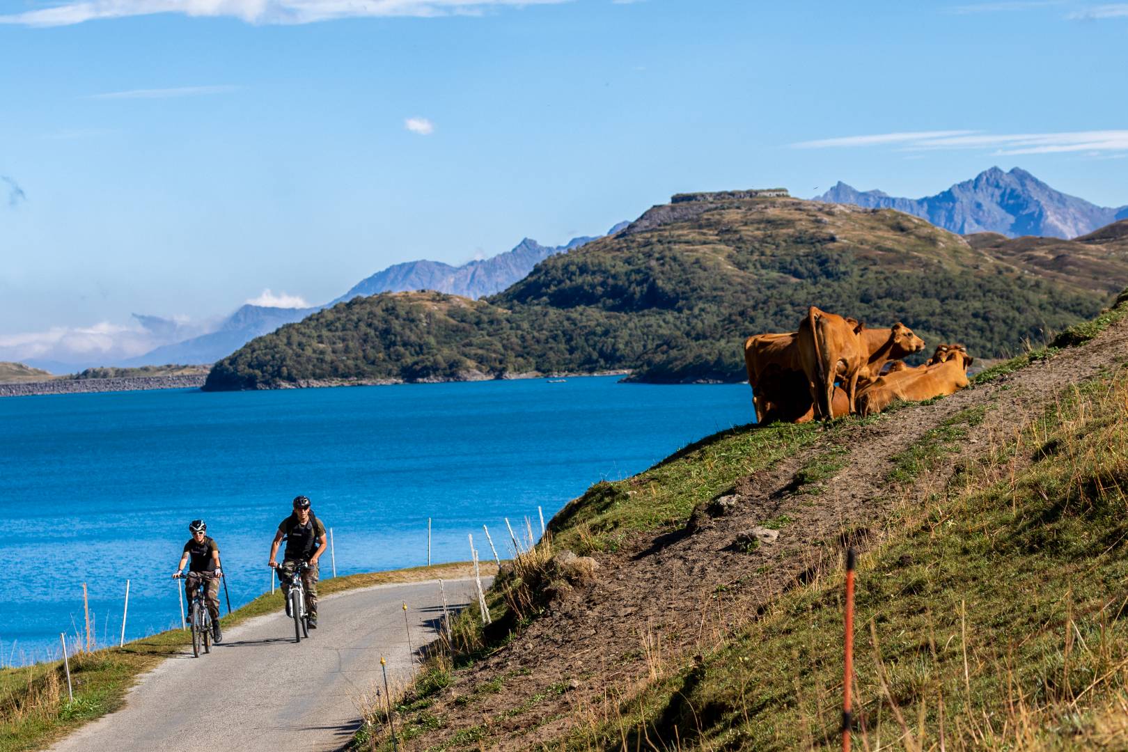 Ciclista su strada di montagna vicino a lago turchese e innevate vette.