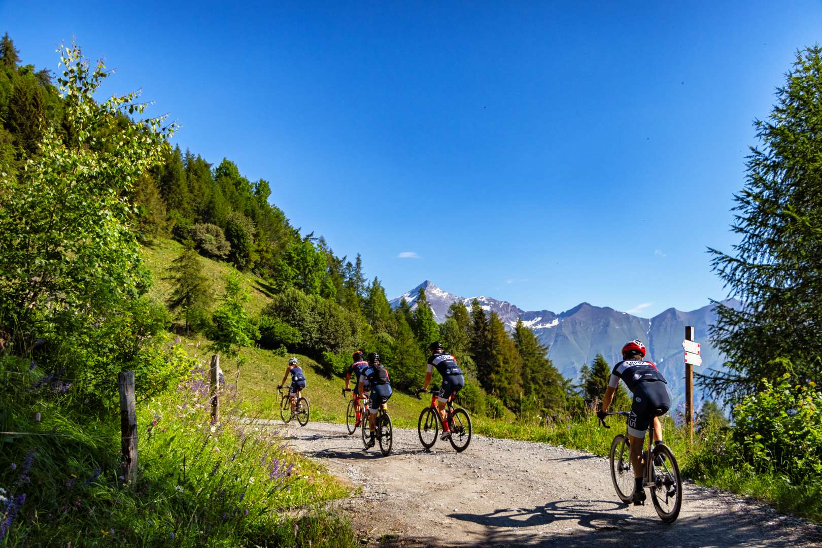 Ciclisti percorrono una strada sterrata di montagna