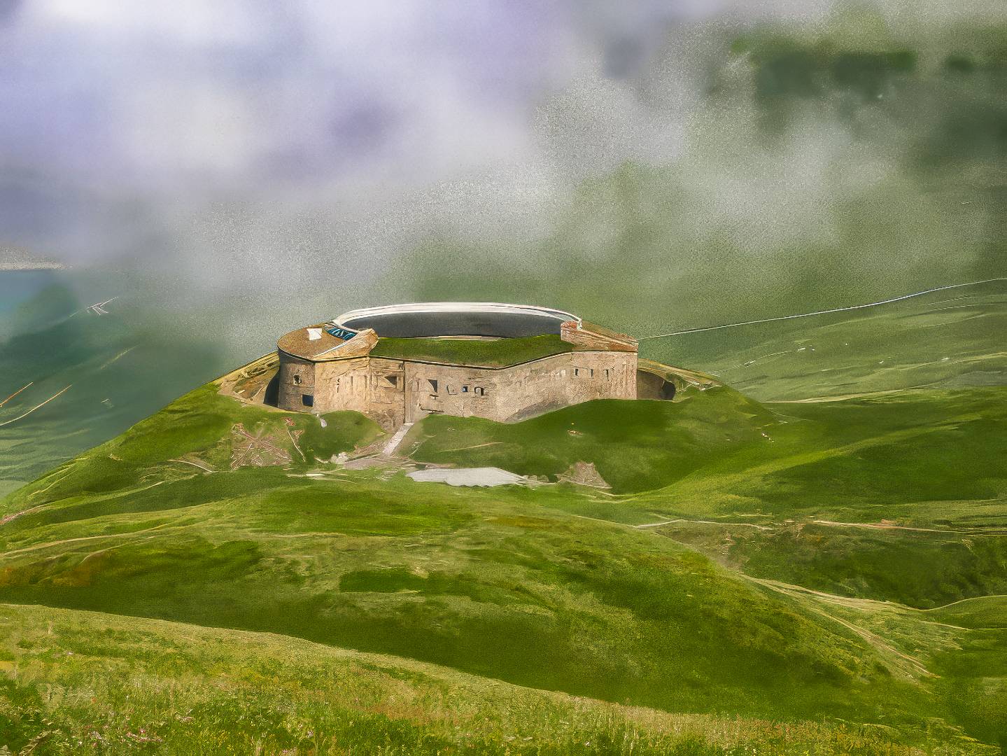 Forte abbandonato su verdi colline con sfondo di cielo nuvoloso.